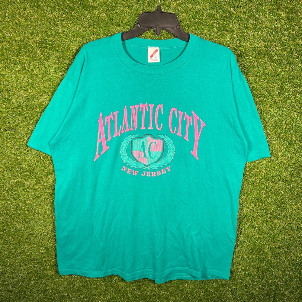 Vintage Jerzees Atlantic City New Jersey T Shirt XL Teal Pink 90s Made in USA